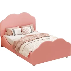 Redom Lit simple 90 sur 200 cm cadre avec barrières tête et pied en forme de nuage en velours doux rose* Lit Simple