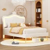 Lit simple 90 sur 200 cm cadre en PU cuir blanc style couronne avec LED sommier et tête de lit matelas non inclus>Redom Outlet