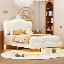 Lit simple 90 sur 200 cm cadre en PU cuir blanc style couronne avec LED sommier et tête de lit matelas non inclus>Redom Outlet