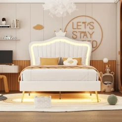 Lit simple 90 sur 200 cm cadre en PU cuir blanc style couronne avec LED sommier et tête de lit matelas non inclus>Redom Outlet