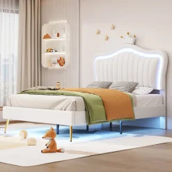 Lit simple 90 sur 200 cm cadre en PU cuir blanc style couronne avec LED sommier et tête de lit matelas non inclus><noscript><img width=