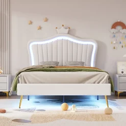 Lit simple 90 sur 200 cm cadre en PU cuir blanc style couronne avec LED sommier et tête de lit matelas non inclus><noscript><img width=