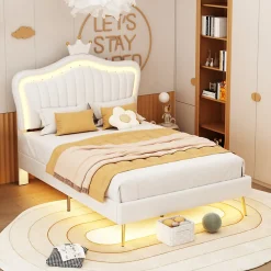 Lit simple 90 sur 200 cm cadre en PU cuir blanc style couronne avec LED sommier et tête de lit matelas non inclus><noscript><img width=