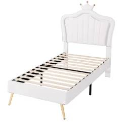 Lit simple 90 sur 200 cm cadre en PU cuir blanc style couronne avec LED sommier et tête de lit matelas non inclus><noscript><img width=