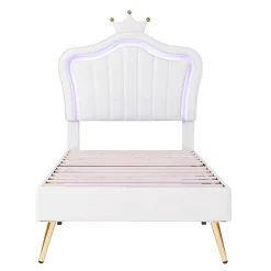 Lit simple 90 sur 200 cm cadre en PU cuir blanc style couronne avec LED sommier et tête de lit matelas non inclus><noscript><img width=