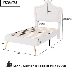Lit simple 90 sur 200 cm cadre en PU cuir blanc style couronne avec LED sommier et tête de lit matelas non inclus><noscript><img width=