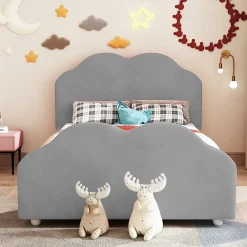 Lit simple 90 sur 200 cm cadre avec barrières tête et pied en forme de nuage en velours doux gris><noscript><img width=