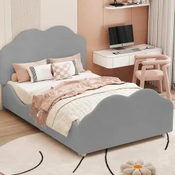 Lit simple 90 sur 200 cm cadre avec barrières tête et pied en forme de nuage en velours doux gris><noscript><img width=