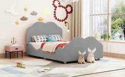 Lit simple 90 sur 200 cm cadre avec barrières tête et pied en forme de nuage en velours doux gris><noscript><img width=