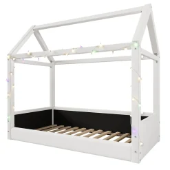Okwish Lit Simple 90 x 200 cm - Canapé-Lit avec Éclairage LED Intégré, Gain de Place pour Chambre, Bois Massif, Sans Matelas, Beige* Lit Simple