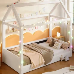 Okwish Lit Simple 90 x 200 cm - Canapé-Lit avec Éclairage LED Intégré, Gain de Place pour Chambre, Bois Massif, Sans Matelas, Beige* Lit Simple