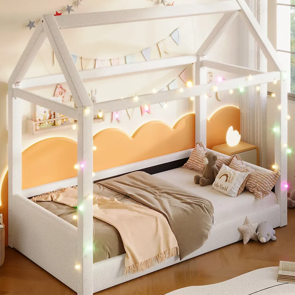 Okwish Lit Simple 90 x 200 cm - Canapé-Lit avec Éclairage LED Intégré, Gain de Place pour Chambre, Bois Massif, Sans Matelas, Beige* Lit Simple