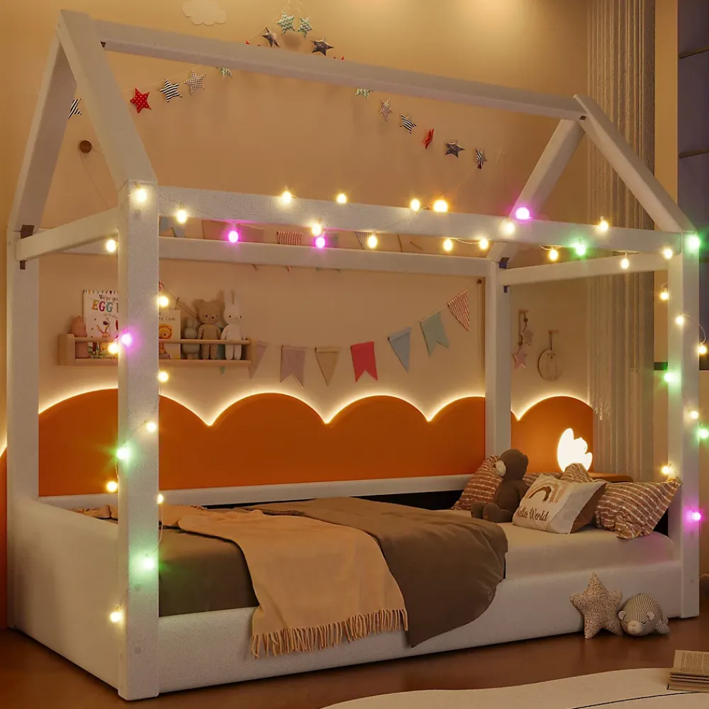 Okwish Lit Simple 90 x 200 cm - Canapé-Lit avec Éclairage LED Intégré, Gain de Place pour Chambre, Bois Massif, Sans Matelas, Beige* Lit Simple