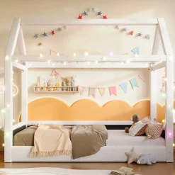 Okwish Lit Simple 90 x 200 cm - Canapé-Lit avec Éclairage LED Intégré, Gain de Place pour Chambre, Bois Massif, Sans Matelas, Beige* Lit Simple