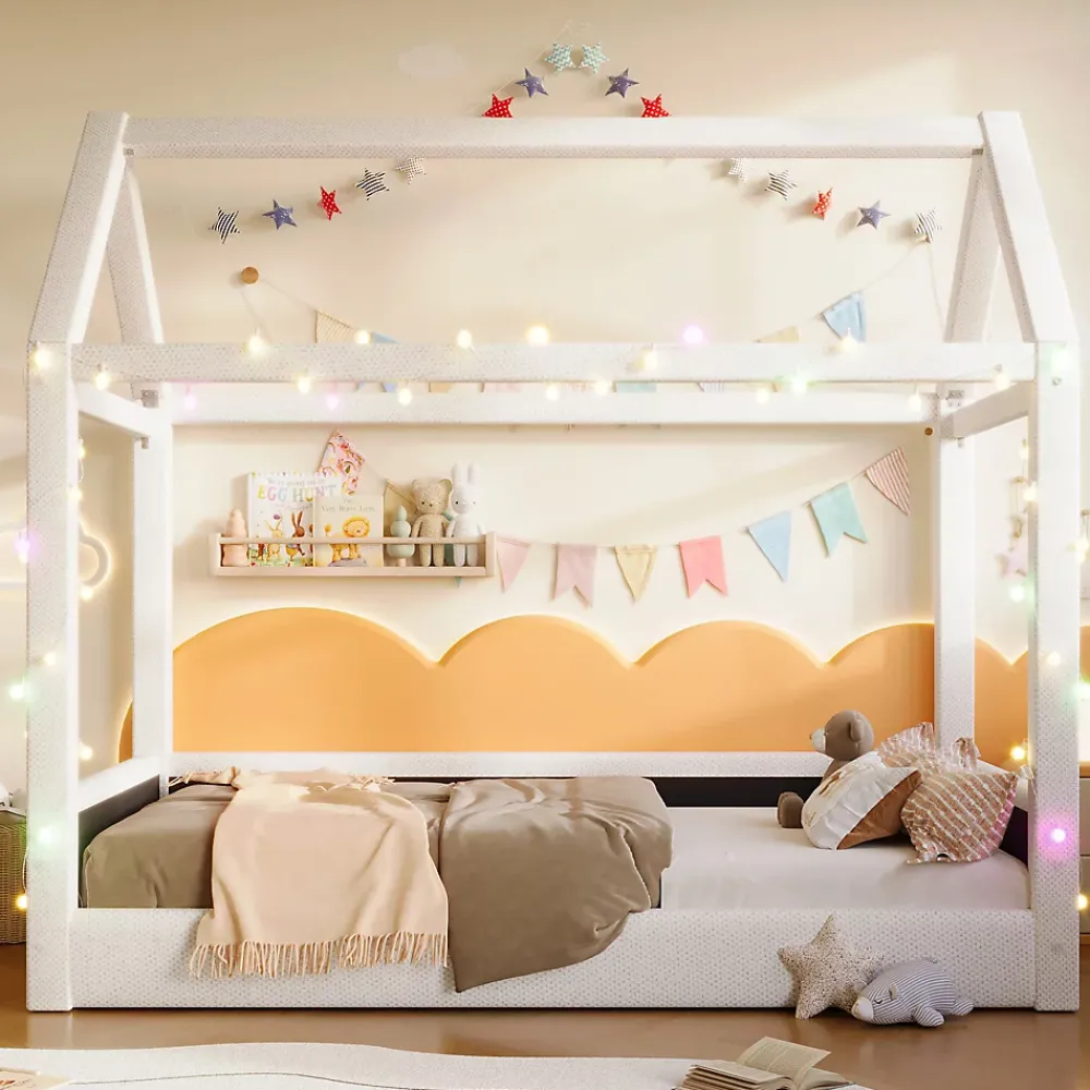 Okwish Lit Simple 90 x 200 cm - Canapé-Lit avec Éclairage LED Intégré, Gain de Place pour Chambre, Bois Massif, Sans Matelas, Beige* Lit Simple