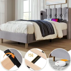 Lit Simple 90 x 200 Cm - Lit Adult avec Chargement USB Type-C - Lin, MDF, Métal - Sans Matelas - Gris>Okwish Online