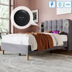 Lit Simple 90 x 200 Cm - Lit Adult avec Chargement USB Type-C - Lin, MDF, Métal - Sans Matelas - Gris><noscript><img width=