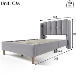 Lit Simple 90 x 200 Cm - Lit Adult avec Chargement USB Type-C - Lin, MDF, Métal - Sans Matelas - Gris><noscript><img width=