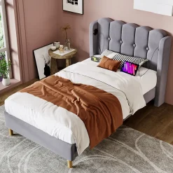 Lit Simple 90 x 200 Cm - Lit Adult avec Chargement USB Type-C - Lin, MDF, Métal - Sans Matelas - Gris><noscript><img width=