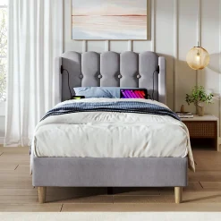Lit Simple 90 x 200 Cm - Lit Adult avec Chargement USB Type-C - Lin, MDF, Métal - Sans Matelas - Gris><noscript><img width=