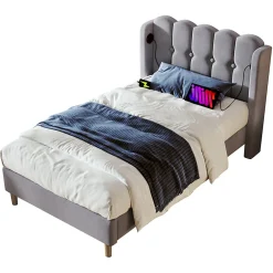 Lit Simple 90 x 200 Cm - Lit Adult avec Chargement USB Type-C - Lin, MDF, Métal - Sans Matelas - Gris><noscript><img width=