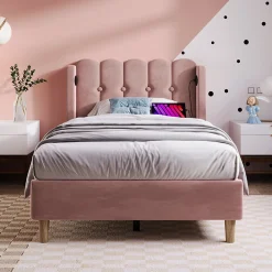 Lit Simple 90 x 200 Cm - Lit Adult avec Chargement USB Type-C - Velours, MDF, Métal - Sans Matelas - Rose><noscript><img width=