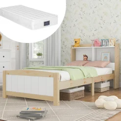 Okwish Lit simple 90 x 200 cm - Lit avec Tête de Lit Rangement - Bois Massif + MDF - avec Matelas - Blanc* Ensemble Sommier Et Matelas