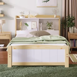 Okwish Lit simple 90 x 200 cm - Lit avec Tête de Lit Rangement - Bois Massif + MDF - avec Matelas - Blanc* Ensemble Sommier Et Matelas