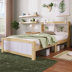 Okwish Lit simple 90 x 200 cm - Lit avec Tête de Lit Rangement - Bois Massif + MDF - avec Matelas - Blanc* Ensemble Sommier Et Matelas