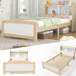 Okwish Lit simple 90 x 200 cm - Lit avec Tête de Lit Rangement - Bois Massif + MDF - avec Matelas - Blanc* Ensemble Sommier Et Matelas