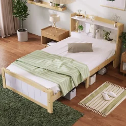 Lit simple 90 x 200 cm - Lit avec Rangement Tête de Lit - Bois Massif et MDF - Sans Matelas - Blanc>Okwish New