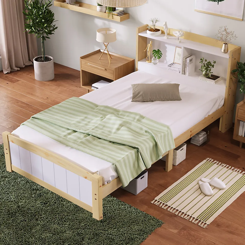 Lit simple 90 x 200 cm - Lit avec Rangement Tête de Lit - Bois Massif et MDF - Sans Matelas - Blanc>Okwish New