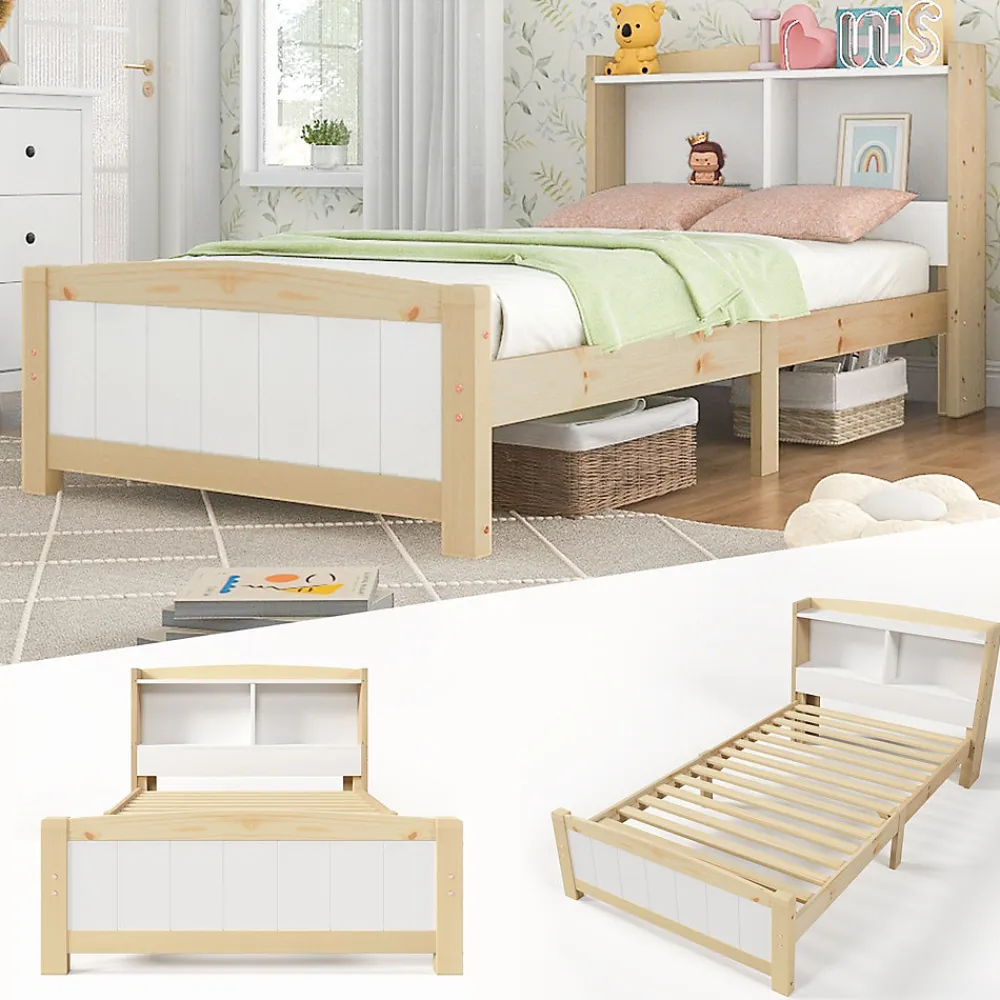 Lit simple 90 x 200 cm - Lit avec Rangement Tête de Lit - Bois Massif et MDF - Sans Matelas - Blanc>Okwish New