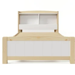 Lit simple 90 x 200 cm - Lit avec Rangement Tête de Lit - Bois Massif et MDF - Sans Matelas - Blanc><noscript><img width=