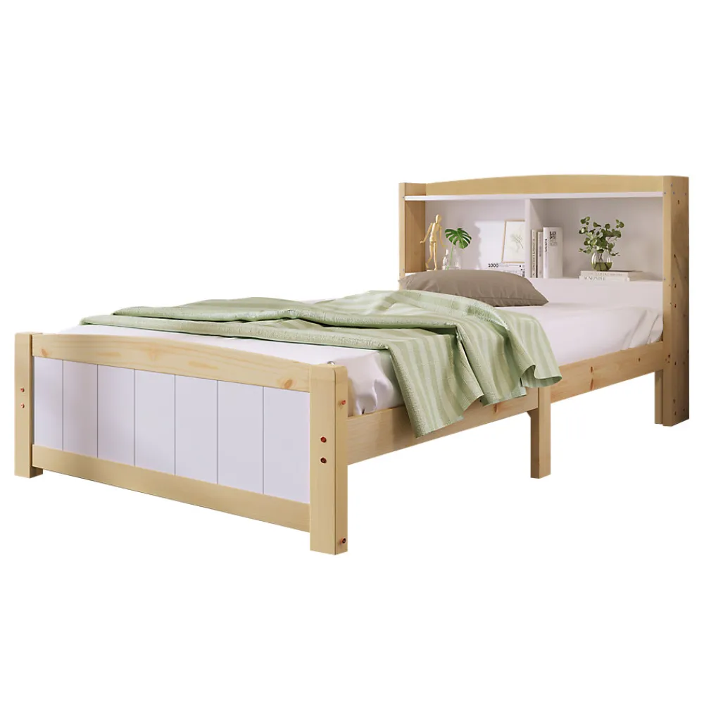 Lit simple 90 x 200 cm - Lit avec Rangement Tête de Lit - Bois Massif et MDF - Sans Matelas - Blanc>Okwish New