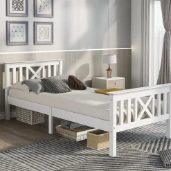 Okwish Lit Simple 90 x 200 Cm - Lit Classique avec Sommier à Lattes et Tête de Lit - Pin Massif, MDF - Sans Matelas - Blanc* Lit Simple
