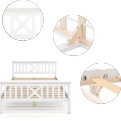 Okwish Lit Simple 90 x 200 Cm - Lit Classique avec Sommier à Lattes et Tête de Lit - Pin Massif, MDF - Sans Matelas - Blanc* Lit Simple