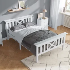 Okwish Lit Simple 90 x 200 Cm - Lit Classique avec Sommier à Lattes et Tête de Lit - Pin Massif, MDF - Sans Matelas - Blanc* Lit Simple