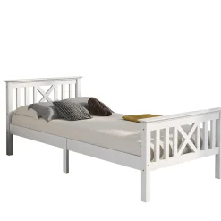 Okwish Lit Simple 90 x 200 Cm - Lit Classique avec Sommier à Lattes et Tête de Lit - Pin Massif, MDF - Sans Matelas - Blanc* Lit Simple