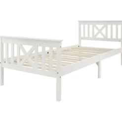 Okwish Lit Simple 90 x 200 Cm - Lit Classique avec Sommier à Lattes et Tête de Lit - Pin Massif, MDF - Sans Matelas - Blanc* Lit Simple