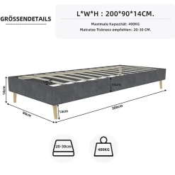 Lit Simple Adulte 90x200 cm - Lit Bas Sans Tête de Lit, Sans Matelas, Moderne et Minimaliste, Velours Gris><noscript><img width=