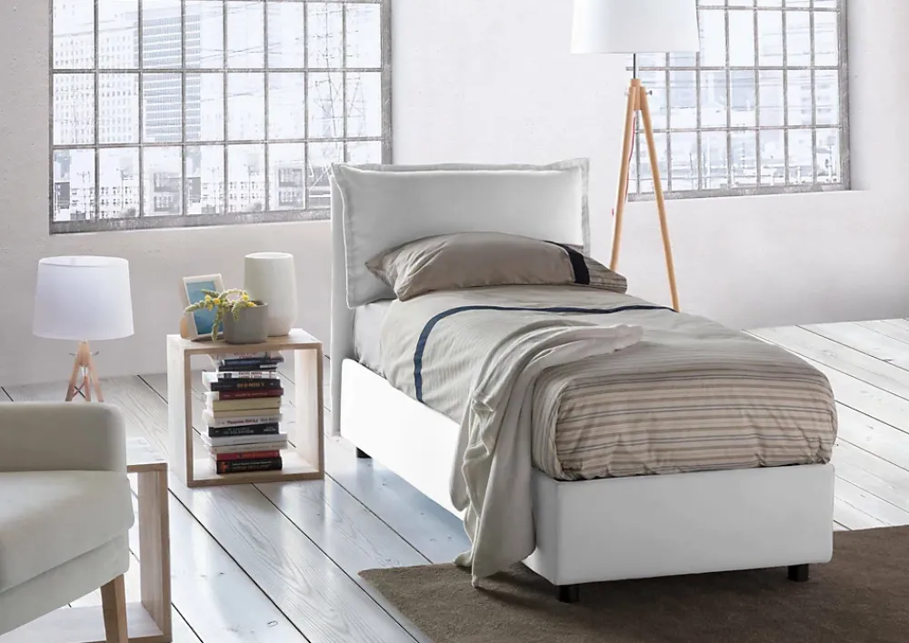Talamo Italia Lit simple Aren, Lit coffre avec revêtement en tissu, 100% Made in Italy, Ouverture latérale, avec matelas 80x190 cm inclus, Blanc* Lit Coffre