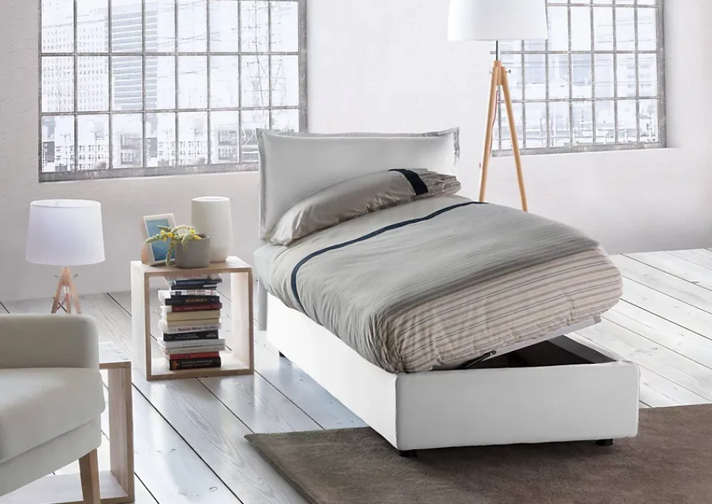 Talamo Italia Lit simple Aren, Lit coffre avec revêtement en tissu, 100% Made in Italy, Ouverture latérale, avec matelas 80x190 cm inclus, Blanc* Lit Coffre