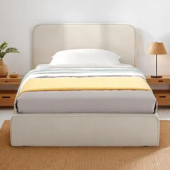 Lit simple BELARTI 90 x 190 cm rembourré, revêtement en tissu - Blanc crème>Idimex Outlet