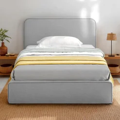 Lit simple BELARTI 90 x 190 cm rembourré, revêtement en tissu - Gris clair>Idimex