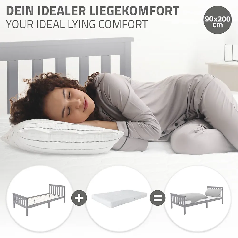 Ml-Design Lit simple bois de pin gris clair d'adolescents avec sommier à lattes 200x90 cm* Lit Simple