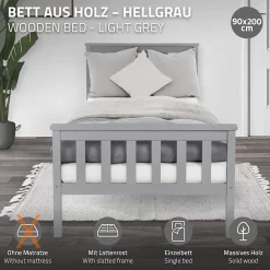 Ml-Design Lit simple bois de pin gris clair d'adolescents avec sommier à lattes 200x90 cm* Lit Simple