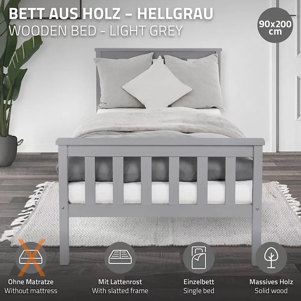 Ml-Design Lit simple bois de pin gris clair d'adolescents avec sommier à lattes 200x90 cm* Lit Simple