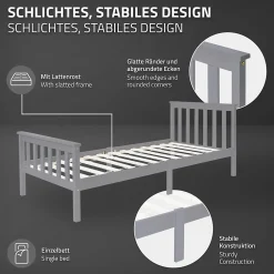 Ml-Design Lit simple bois de pin gris clair d'adolescents avec sommier à lattes 200x90 cm* Lit Simple