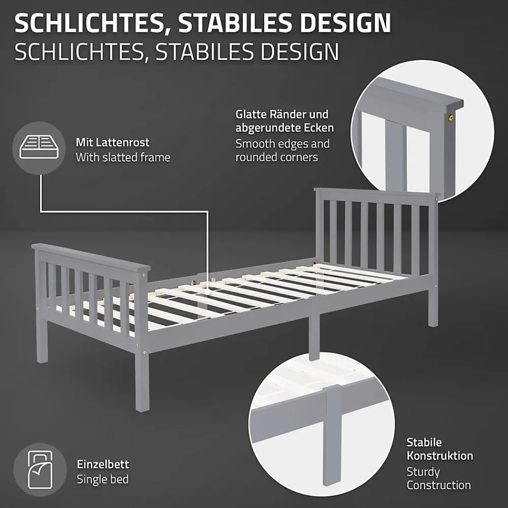 Ml-Design Lit simple bois de pin gris clair d'adolescents avec sommier à lattes 200x90 cm* Lit Simple